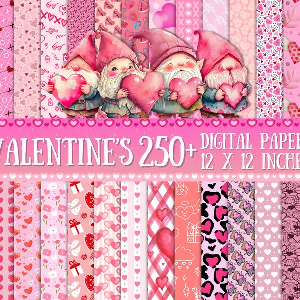 250 + Papel digital del Día de San Valentín, Patrón sin costuras de San Valentín, Papeles de álbum de recortes del Día de San Valentín, Fondo de pantalla de corazones, Papel temático de San Valentín