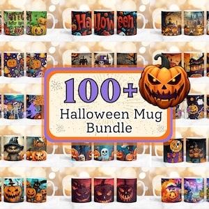 May include: A collection of 100+ Halloween themed coffee mugs. The mugs feature various designs including pumpkins, ghosts, bats, and witches. The text "100+ Halloween Mug Bundle" is displayed in the center of the image.