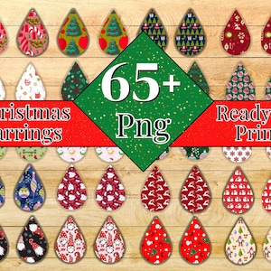 May include: A collection of Christmas earrings in a teardrop shape, featuring various festive patterns like candy canes, Christmas trees, and snowflakes. The image includes text that reads "Christmas Earrings" and "Ready To Print".