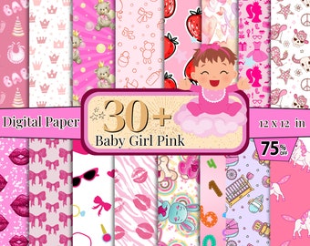 30+ Baby Girl Pink Digital Paper Pack, Es ist ein Mädchen Nahtlose Muster, Kinderzimmer Thema Hintergrund, Mädchen Spielzeug Nahtlose Muster, Mädchen Sammelalbum