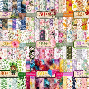 Op de afbeelding: Een verzameling digitale papierpakketten met verschillende thema's. De pakketten bevatten bloemen-, berg- en seizoensgebonden ontwerpen, met tekstlabels zoals "Mountains", "Flowers Paper" en "Easter Bunny". Elk pakket is voorzien van een nummer en de prijs.