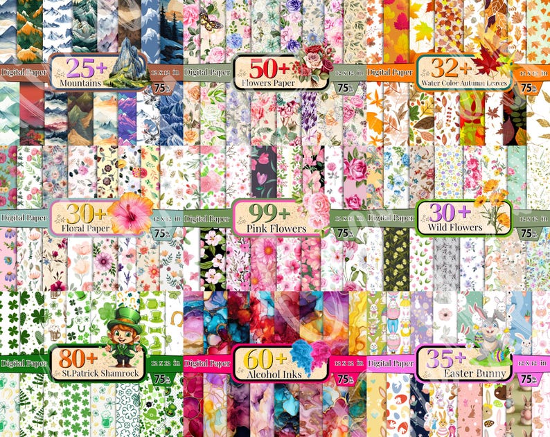 Op de afbeelding: Een verzameling digitale papierpakketten met verschillende thema's. De pakketten bevatten bloemen-, berg- en seizoensgebonden ontwerpen, met tekstlabels zoals "Mountains", "Flowers Paper" en "Easter Bunny". Elk pakket is voorzien van een nummer en de prijs.