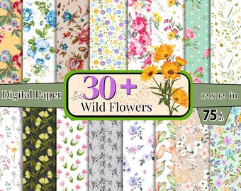 30 + Wildblumen Digital Papier, Wildblumen Sammelalbum, Wildblumen Clipart, Floraler Hintergrund, Wildblumen Tapete, Wildblumen nahtlos PNG