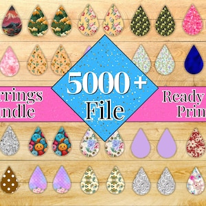 Può includere: Una collezione di orecchini a goccia con vari motivi e colori, tra cui disegni floreali, geometrici e astratti. L'immagine include il testo "Earrings Bundle" e "5000+ File Ready To Print."