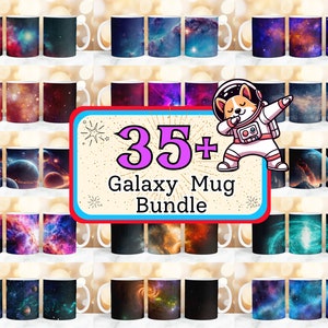 May include: A collection of 35+ galaxy themed mugs. The mugs feature a variety of colorful nebulae and star patterns. The mugs are arranged in rows on a shelf with a cartoon astronaut in the center.