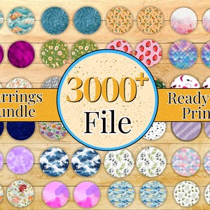 May include: A digital download of 3000+ earring designs, ready to print. The designs are shown in a collage of colourful circles on a woodgrain background. The text "Earrings Bundle" and "Ready To Print" are also included in the image.