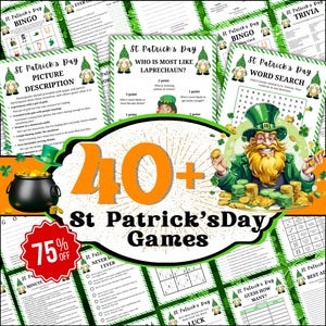 May include: A collection of over 40 St Patrick's Day games, including bingo, word search, trivia, and picture description. The games are designed with a green, gold, and white colour scheme and feature images of leprechauns and shamrocks.