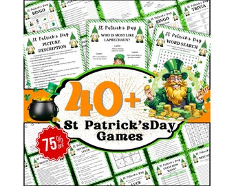 40 + St Patrick Games Bundle, St Patrick's Party Quiz,Patricks Day Games for Kid, St Patricks Adult Games, Paddy's Day Activities, Printable