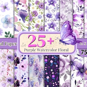 Pode incluir: Uma coleção de mais de 25 papéis digitais com desenhos florais em aquarela roxa. Os papéis apresentam vários padrões florais, incluindo flores e folhas, em tons de roxo, lavanda e branco. Uma borboleta roxa é apresentada na frente. Cada papel mede 30.48 x 30.48 cm.
