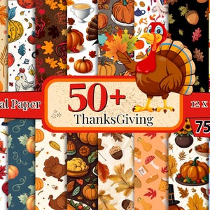 May include: A set of 50+ digital papers featuring Thanksgiving themes. The papers include illustrations of turkeys, pumpkins, leaves, and other autumn elements. The papers are 12 x 12 inches and are perfect for crafting and scrapbooking.