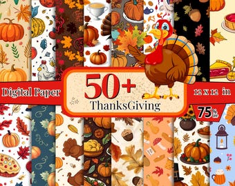 50+ digitaal papier Thanksgiving, pompoenpatroonpapier, herfstachtergrond, naadloze herfstpatroon, herfst plakboekpapier, clipart Thanksgiving