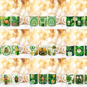 May include: Set of 12 white ceramic mugs with various St. Patrick's Day themed designs. The mugs feature green shamrocks, leprechauns, pots of gold, and other festive imagery.