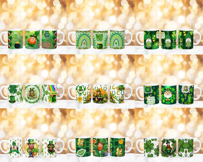 May include: Set of 12 white ceramic mugs with various St. Patrick's Day themed designs. The mugs feature green shamrocks, leprechauns, pots of gold, and other festive imagery.