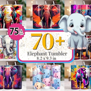 70 + Elephant Tumbler, Majestic Elephant Clipart Tumbler, Animal Tumbler, Colorful Baby Elephant Tumbler, Cute Elephants 20 oz tumbler wrap