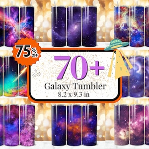 May include: 70+ Galaxy Tumbler designs featuring colourful nebulae and starry skies. Each tumbler is 8.2 x 9.3 inches.