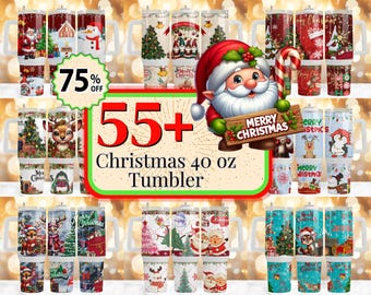 55 + Christmas 40oz Tumbler Design Bundle, Holiday 40oz Quencher Tumbler,  Christmas Santa Sublimation Design, Christmas Green 40oz Tumbler
