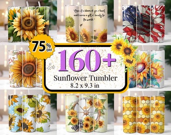 May include: A collection of 160+ sunflower tumbler designs. The tumblers are 8.2 inches by 9.3 inches and feature various sunflower patterns, including watercolor, geometric, and floral designs. The text "75% OFF" is displayed in a red circle with a white border.