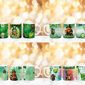 May include: Set of six white ceramic mugs with green, gold, and white designs featuring leprechauns, shamrocks, and the text "Happy St. Patrick's Day".