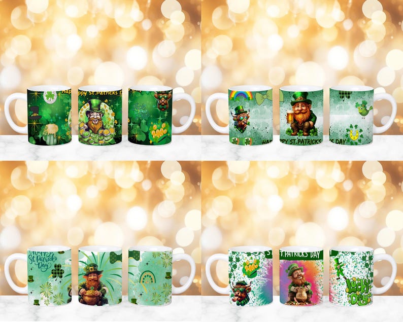 May include: Set of six white ceramic mugs with green, gold, and white designs featuring leprechauns, shamrocks, and the text "Happy St. Patrick's Day".