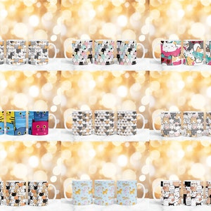 May include: Set of 12 white ceramic mugs with different cat designs. Each mug features a colorful pattern of cats with various expressions and poses. The mugs are arranged in three rows of four, with a gold bokeh background.