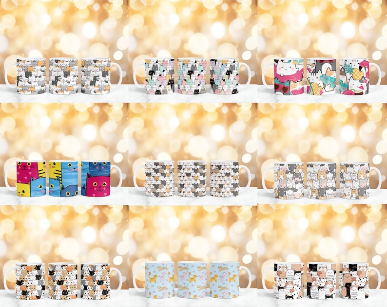 May include: Set of 12 white ceramic mugs with different cat designs. Each mug features a colorful pattern of cats with various expressions and poses. The mugs are arranged in three rows of four, with a gold bokeh background.