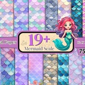 May include: A collection of digital papers featuring mermaid scale patterns in various colors, including pink, purple, and blue. The image includes a cartoon mermaid and text that reads "Digital Paper" and "19+ Mermaid Scale". The papers are 12 x 12 inches.