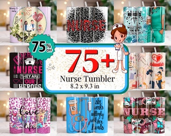 May include: Set of 75+ colorful stainless steel tumblers with various designs featuring nurses, medical symbols, and inspirational quotes. The tumblers are 8.2 inches tall and 9.3 inches in diameter.