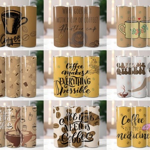 May include: Set of 10 stainless steel tumblers with various coffee-themed designs. The designs include coffee beans, coffee cups, and text such as "Coffee makes everything possible" and "All you need is coffee".