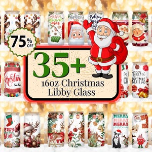 May include: A collection of 35+ 16oz Christmas themed Libby glass tumblers. The tumblers feature various designs including Santa Claus, reindeer, Christmas trees, and other festive imagery. The tumblers are perfect for adding a touch of holiday cheer to your home.