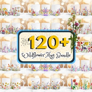 Può includere: Una collezione di oltre 120 tazze in ceramica bianca con motivi di fiori selvatici ad acquerello colorati. Le tazze sono disposte in file su uno scaffale con uno sfondo sfocato di luci dorate.