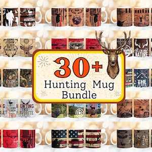 Può includere: Una collezione di tazze in ceramica bianca con disegni a tema caccia. Le tazze presentano immagini di cervi, scene di caccia e testo come "Hunting" e "Gone Fishin'". L'immagine include un cartello con la scritta "30+ Hunting Mug Bundle".