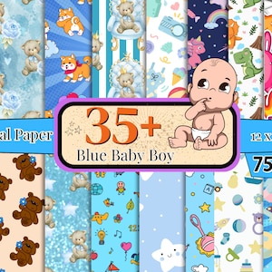 Plus de 35 ans, lot de papier numérique pour bébé garçon, fond bleu, papier pour fête d'anniversaire garçon, papier peint pour chambre d'enfant, clipart nounours, scrapbooking nuages