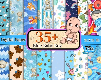 35+ Baby Junge Digitales Papier Bundle, Blauer Hintergrund, Junge Geburtstagsparty Papier, Junge Kinderzimmer Tapete, Teddy Clipart, Wolken Sammelalbum
