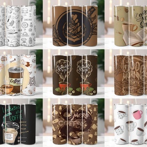 May include: Set of 10 different coffee-themed stainless steel tumblers. The tumblers feature various designs, including coffee beans, coffee cups, and inspirational quotes about coffee.