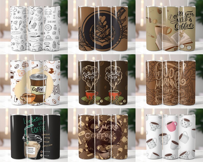 May include: Set of 10 different coffee-themed stainless steel tumblers. The tumblers feature various designs, including coffee beans, coffee cups, and inspirational quotes about coffee.