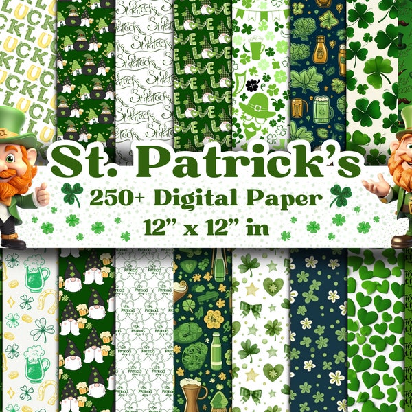 Plus de 250 papiers numériques de la Saint-Patrick, motif de répétition sans couture de trèfle à quatre feuilles de trèfle irlandais, arrière-plans de la Saint-Patrick, papiers sans couture