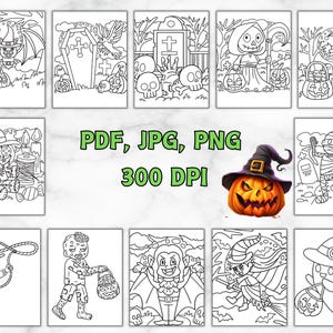 Op de afbeelding: Een set van tien zwart-wit Halloween kleurplaten met verschillende personages, waaronder een heks, een spook, een vampier, een zombie en een mummie. De platen zijn ontworpen om door kinderen en volwassenen in te kleuren.