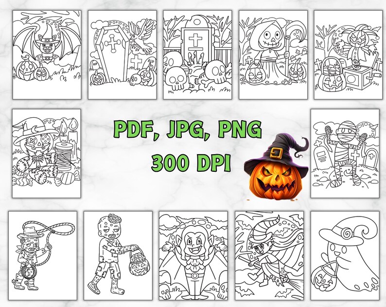 Op de afbeelding: Een set van tien zwart-wit Halloween kleurplaten met verschillende personages, waaronder een heks, een spook, een vampier, een zombie en een mummie. De platen zijn ontworpen om door kinderen en volwassenen in te kleuren.