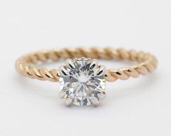 1CT Rundschliff Moissanite Verlobungsring, Twisted Band Minimalist Ring, 14k Gold Seil Bandring, runder Solitär Diamant Ring