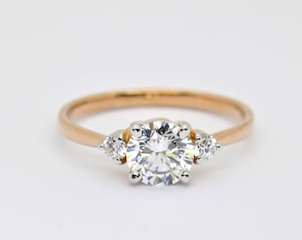 1.25 Carat Round Cut Moissanite Three Stone Engagement Ring, Minimalist 3 Stone Diamond Wedding Ring, 14k Rose Gold Trilogy Anniversary Ring