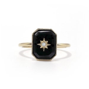 Black Onyx North Star Ring, Vintage Onyx Art Deco Ring, Onyx Engagement Ring Emerald Cut Onyx Ring, Celestial Ring Anniversary Ring