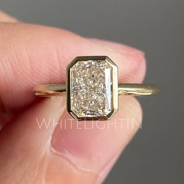 2 CT Crushed Ice Radiant Cut Engagement Ring, 14k Gold Colorless Moissanite Ring, Minimalist Bezel Set Wedding Ring, Anniversary Ring