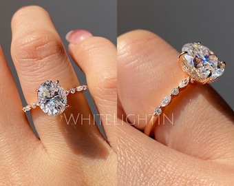 2 Carat Oval Cut Moissanite Engagement Ring, Vintage Hidden Halo Ring, 14k Rose Gold Oval Lab Diamond Ring with marquise cut accent diamond