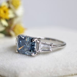 Three Stone Blue Moissanite Engagement Ring, 3.50 Carat Radiant Cut Moissanite Rings For Women, 925 Sterling Silver Anniversary Ring image 3