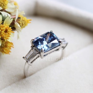 Three Stone Blue Moissanite Engagement Ring, 3.50 Carat Radiant Cut Moissanite Rings For Women, 925 Sterling Silver Anniversary Ring image 6