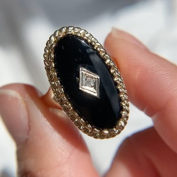 Vintage Black Onyx Art Deco Ring, 14k Solid Gold Handmade Ring, Black Gemstone Ring, Antique Long Onyx Statement Ring For Women