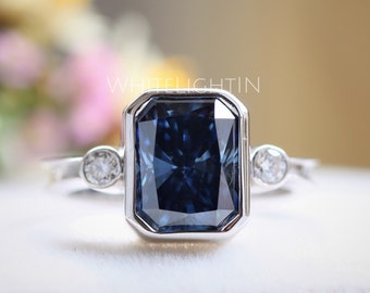 3.50 CT Blue Moissanite Art Deco Ring, Radiant Cut Three Stone Engagement Ring, 14k White Gold Engraved Band Wedding Ring, Bezel Set Ring