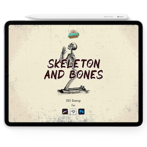 Op de afbeelding: Digitale illustratie op een tablet met een knielend skelet en de tekst "SKELETON AND BONES". De afbeelding bevat de tekst "153 Stamp For" en pictogrammen voor ontwerpsoftware. Een witte styluspen ligt erbovenop.