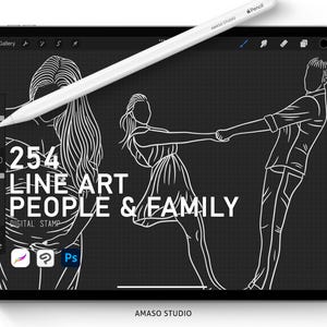 May include: A digital illustration of 254 line art people and families. The illustration is in black and white and features three people, two women and one man. The text "254 LINE ART PEOPLE & FAMILY" is displayed on the image.
