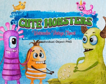 Cute Monster Watercolor Clipart High Resolution PNGs